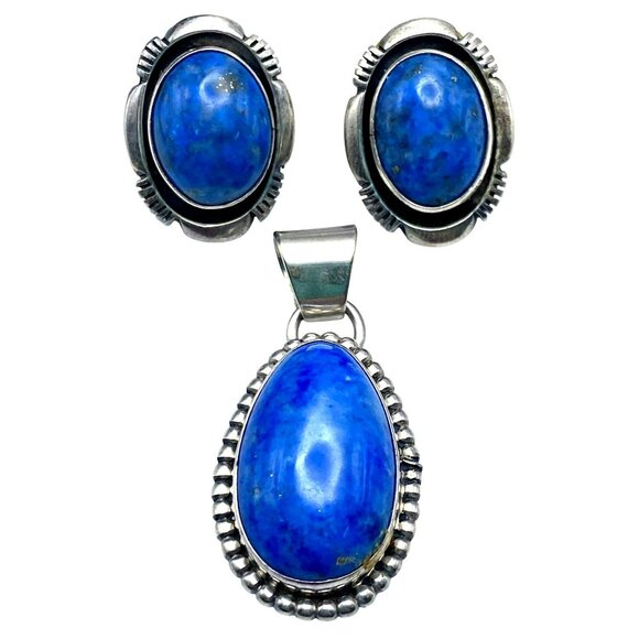 Marian Nez Jewelry - Vintage Navajo Native American Marian Nez Sterling Silver Lapis Pendant Earrings